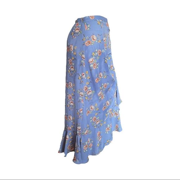 NEW Max Studio Bubble Crepe Side Cinched Skirt Blue Floral Ruffle Wrap Women M - Picture 2 of 9